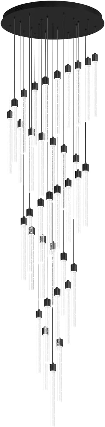 200'' Long Crystal Column Chandelier Black 36-Light Extra Large Staircase Chandelier High Ceiling Dimmable LED Ceiling Lighting Foyer Entryway Light Source is Replaceable