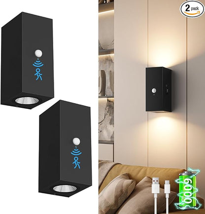 Aipsun Black Battery Operated Wall Sconces 2 Packs with Motion Sensor, Rechargeable Black LED Wall Lighting, Wireless Indoor Aluminum Wall Lights for Living Room, Hallway, Bedroom