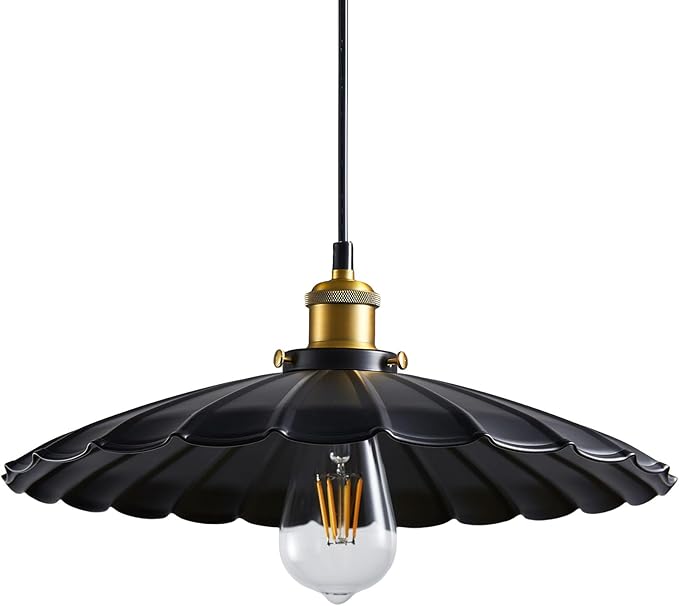 Hanging Light Fixture, Metal Pleated Lampshade Kitchen Island Pendant Lights Black Hanging Light Fixture 15.7 Inch Hanging Pendant Light 6.5Ft Height Adjustable