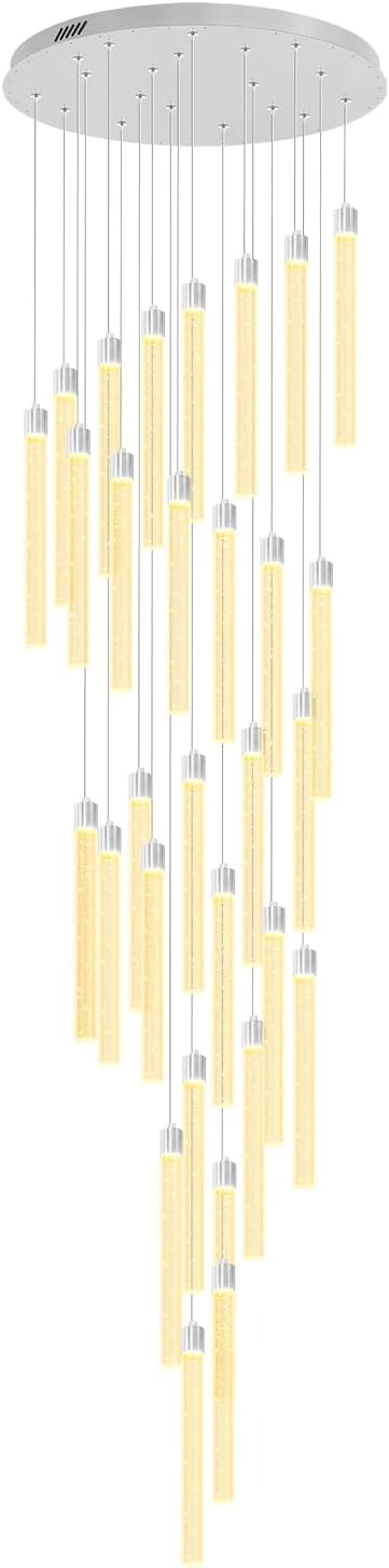 177'' Long Crystal Column Chandelier Silver 30-Light Extra Large Staircase Chandelier High Ceiling Dimmable LED Ceiling Lighting Foyer Entryway Light Source is Replaceable