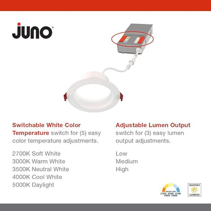 Juno LED Recessed Lights 6 Inch Round Wafer Downlight, 5-in-1 Switchable White Color Temperature, Adjustable Brightness, Deep Regressed Smooth Trim, 6-Inch, Matte White