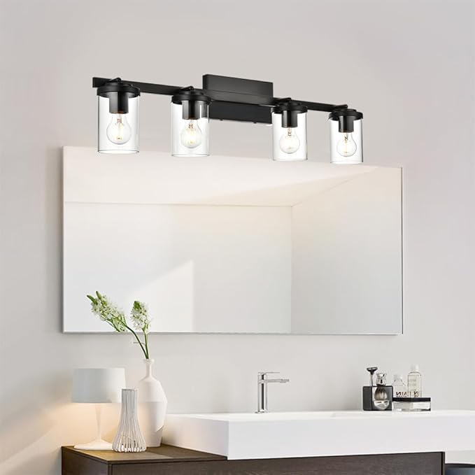 BONLICHT Ceiling Spotlights Track Lighting Kit 4 Light Bathroom Vanity Lighting Black Modern Multi-Directional Ceiling Mount Fixture Industrial Farmhouse Sconces Wall Mount Lamp with Clear Glass Shade