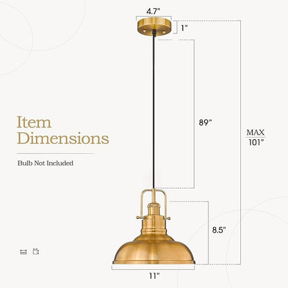 zeyu 2 Pack Farmhouse Pendant Lights, 11-inch Industrial Ceiling Pendant Light Fixture with Metal Dome Shade, Gold Finish, 016-1-2PK BG