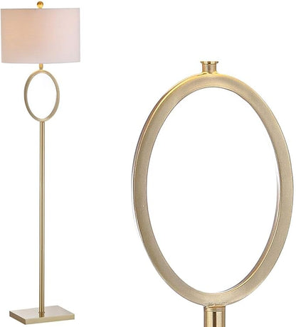 JONATHAN Y 61" Brass Gold Metal LED Floor Lamp for Living Room Modern Hoop Design Standing Lamp, White Linen Drum Shade, Bedroom Home Office, LED Bulb Included JYL1089A