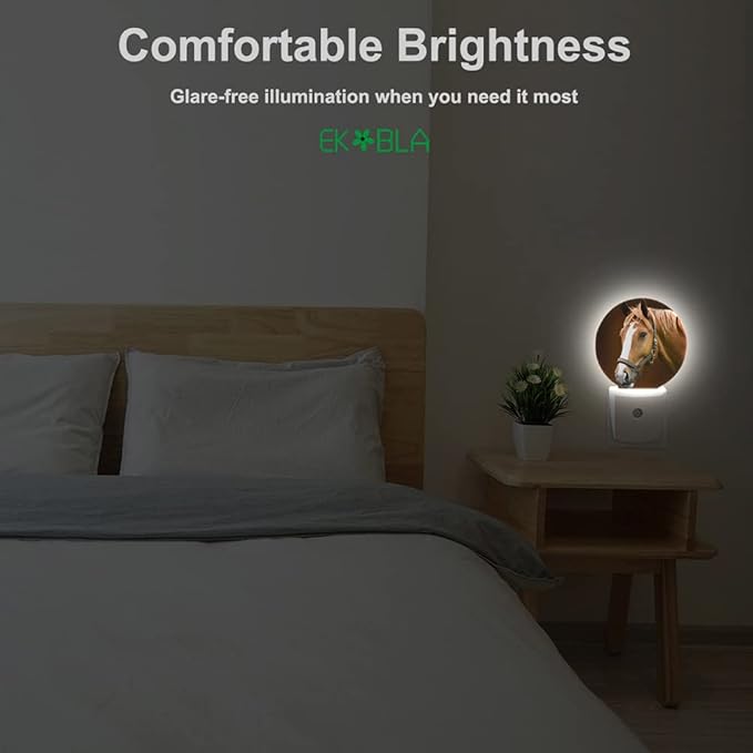 EKOBLA Watercolor Horse Plug-in Night Light, Brown Horse Wildlife LED Nightlight with Dusk to Dawn Auto Sensor for Bedroom, Bathroom & Hallway
