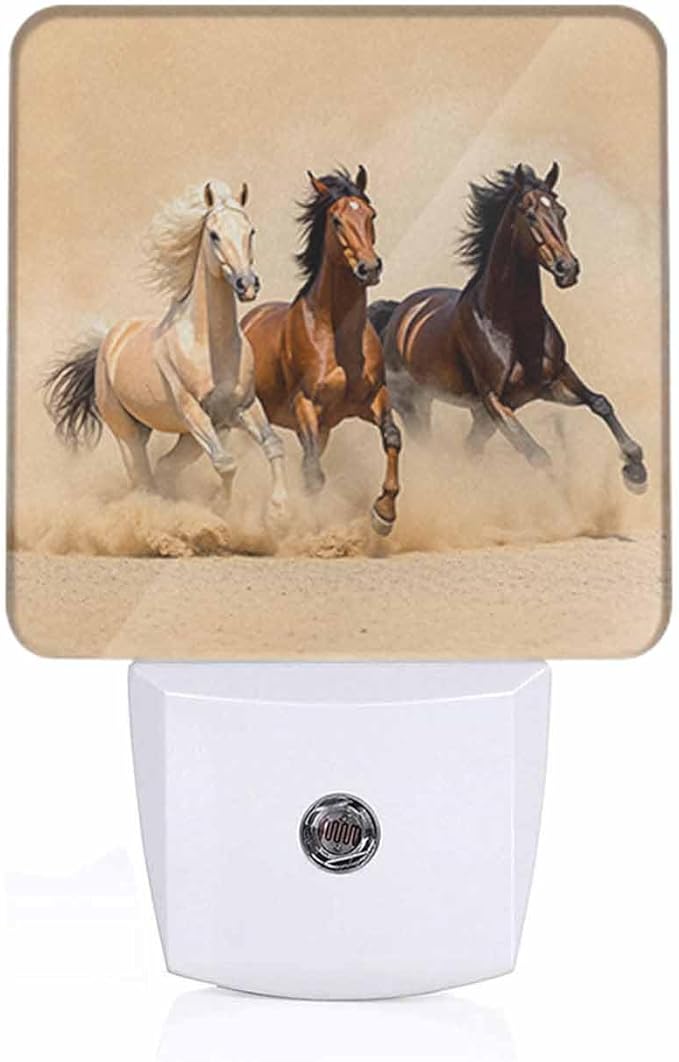 Three Horses Night Light Plug-into Wall Horses Running in The Desert Nightlight Lamp with Dusk to Dawn Sensor, Led Lamp 0.5W Energy Efficient for Home Decor