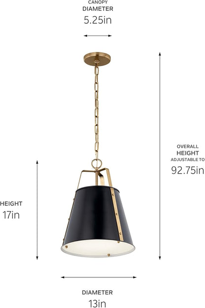 Kichler Etcher 1-Light Pendant Light Fixture with Etched Painted White Glass Diffuser in Black and Champagne Bronze for Kitchen Island or Dining Room (17" x 13"), 52710BK