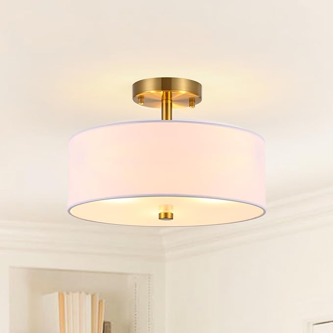 13" Semi Flush Mount Ceiling Light Fixture, 3-Light Gold Drum Light Fixture, Modern Close to Ceiling Light with White Fabric Shade Lamps for Bedroom Living Room Kitchen Hallway Entryway