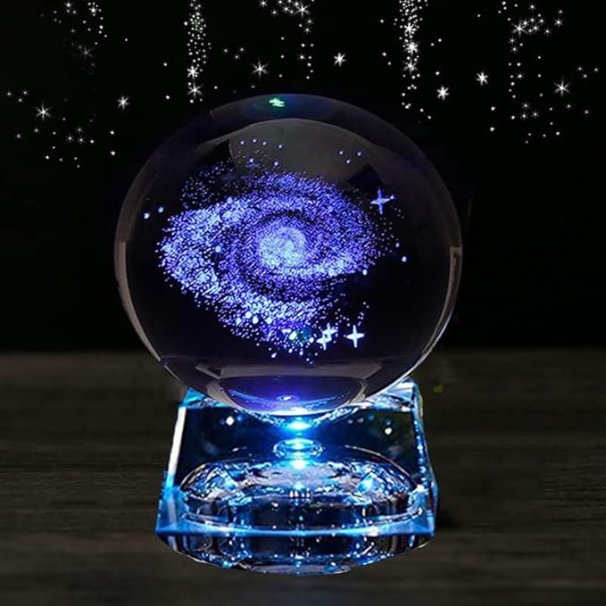 Zulux Galaxy Crystal Ball - LED Lamp Base, Clear 80mm(3 inch) Galaxy Glass Art for Kids, Teacher Gifts, Anniversary and Boyfriend Birthday