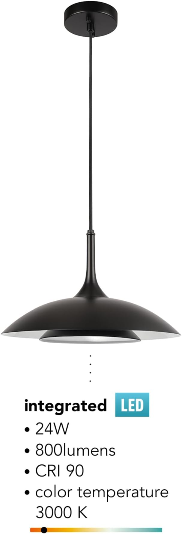 GLOBE Electric x Novogratz 67000104 14W LED Integrated Pendant Light Fixture, Glossy Black, Fabric Cord, Matte White Interior Shade, Dimmable, 800 Lumens, 3000K, 90 CRI, Living Room Pendant Light