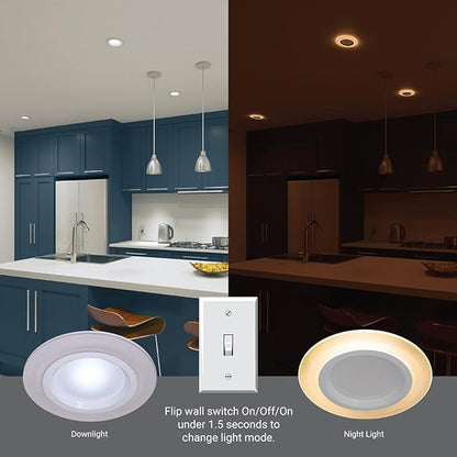 HALO RL 4 inch Recessed LED Canless Night Light Downlight, 750 Lumens, Selectable 2700K-5000K CCT with Dim to Warm, 2-Mode Toggle Switch for Nursery, Bathroom, Matte White - RLNL4079FSD2W1EWHDM