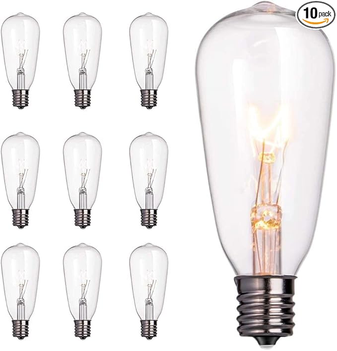 10 Pack Edison Replacement Light Bulbs,7-Watt E17 Screw Base ST40 Replacement Clear Glass Light Bulbs for Outdoor String Lights, Warm White