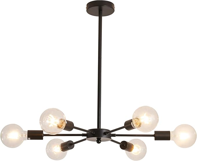 UOFUS Sputnik 6 Light Chandelier Black Mid Century Ceiling Light Fixture Modern Pendant Lighting for Kitchen Dining Room Living Room Bedroom