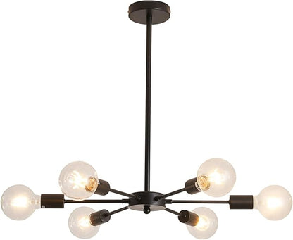 UOFUS Sputnik 6 Light Chandelier Black Mid Century Ceiling Light Fixture Modern Pendant Lighting for Kitchen Dining Room Living Room Bedroom