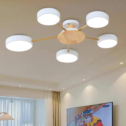 5-Lights LED Ceiling Light Fixture,32 Inch Modern Ceiling Lights Flush Mount Wooden 40W Dimmable Chandelier for Living Room Bedroom Kitchen,3000K/4000K/6000K Temperatures Selectable White