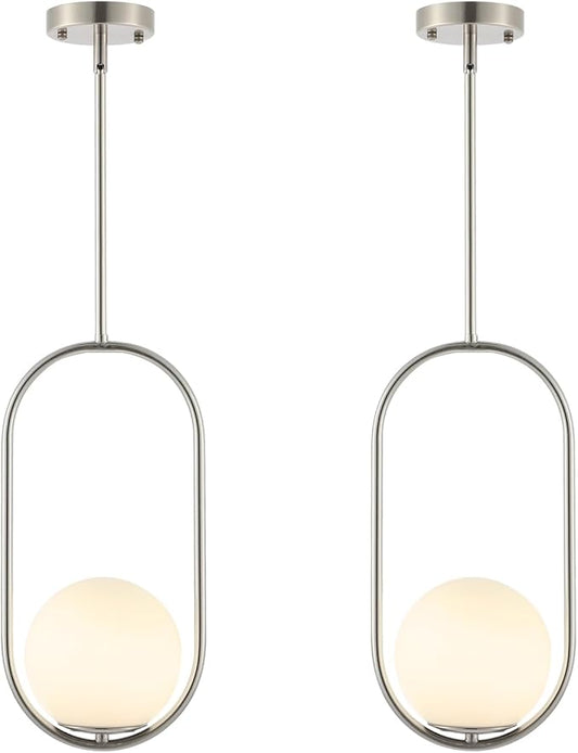 BYOLIIMA Modern Globe Pendant Light Brushed Nickel Chandelier 1-Light Mid Century Ceiling Hanging Lighting Fixture White Globe Glass Shades for Kitchen Island Dining Room Bedroom (2 Pack)