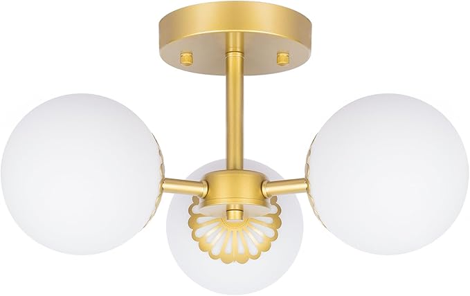 3 Lights Gold Chandelier Mid Century Modern Light Fixture, Gold Semi Flush Mount Ceiling Light with Frosted Globe Glass for Living Room, Bedroom, Nursery Room & Office Ceiling Light (Bulbs Included)