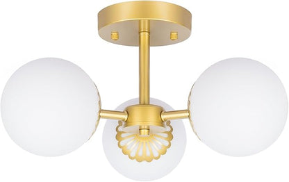 3 Lights Gold Chandelier Mid Century Modern Light Fixture, Gold Semi Flush Mount Ceiling Light with Frosted Globe Glass for Living Room, Bedroom, Nursery Room & Office Ceiling Light (Bulbs Included)