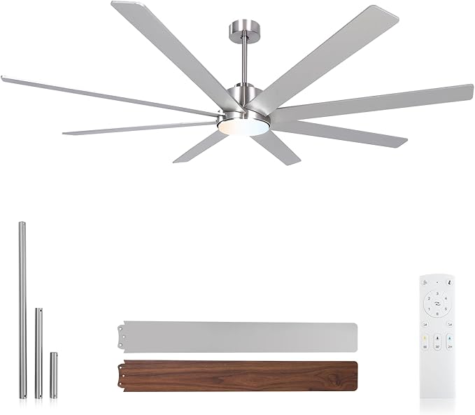 Minislak 72Inch Large Brushed Nickel Ceiling Fans with Light and Remote Control,8 Wooden Blades,6-Speeed,3CCT,Quiet Reversible DC Motor,Indoor Outdoor Ceiling Fan for Patio/Living Room/Garden
