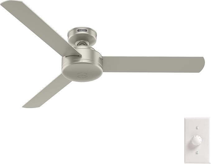 Hunter 52 inch Indoor Ceiling Fan No Light - Modern Ceiling Fan without Light, 3 Blades, Standard Mount, For Bedroom, Living Room, or Kitchen, Wall Control - Presto 50812, Matte Nickel
