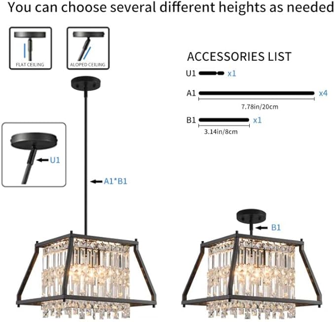LMQNINE Farmhouse Chandelier - Black Metal Crystal Pendant Light for Kitchen, Dining, Living Room - Flat & Inclined Ceiling (Trapezoid -15.74in)