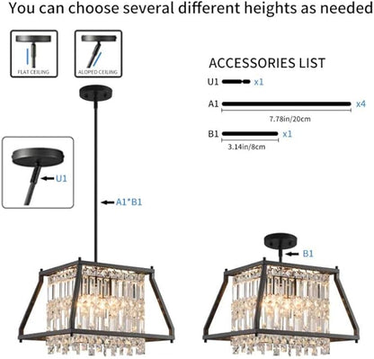 LMQNINE Farmhouse Chandelier - Black Metal Crystal Pendant Light for Kitchen, Dining, Living Room - Flat & Inclined Ceiling (Trapezoid -15.74in)