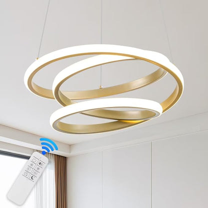 Mayful Modern Chandelier with Remote Control, 3-Color Dimmable LED Pendant Light Fixtures, Height Adjustable Kitchen Island Lighting for Dining Room,Bedroom,Living Room,Foyer,Office Gold 13.78 inches