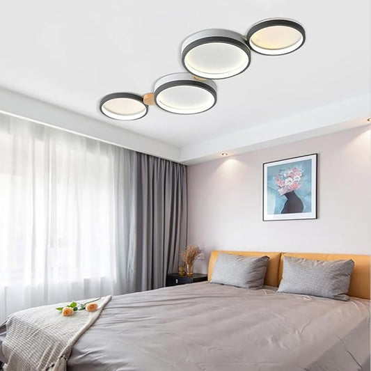 4-Lights LED Ceiling Light Fixture,23 Inch Modern Ceiling Lights Flush Mount Wooden 30W Dimmable Chandelier for Living Room Bedroom Kitchen,3000K/4000K/6000K Temperatures Selectable Grey