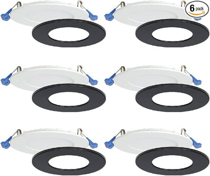 Nadair 6 Pack 3 inch LED Ultra Slim Recessed Lights, 6W, 450 Lumens, 4000K (Cool White), White Finish with Extra Black Trim, Dimmable, IC Rated, ETL Certified