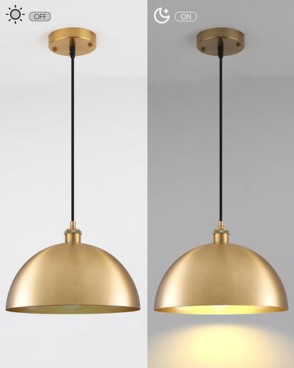 Gold Pendant Lights, 11.8" Farmhouse Pendant Light for Kitchen Island, Vintage Pendant Light Fixtures for Dining Room, Living Room, Bedroom, Dome Pendant Lighting, 2 Pack