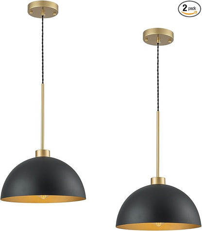 2 Pack Farmhouse Kitchen Island Pendant Lights, Black and Gold Dome Pendant Light Fixture with Metal Shade, Industrial Hanging Lighting for Dining Room Entryway Foyer, Height Adjustable
