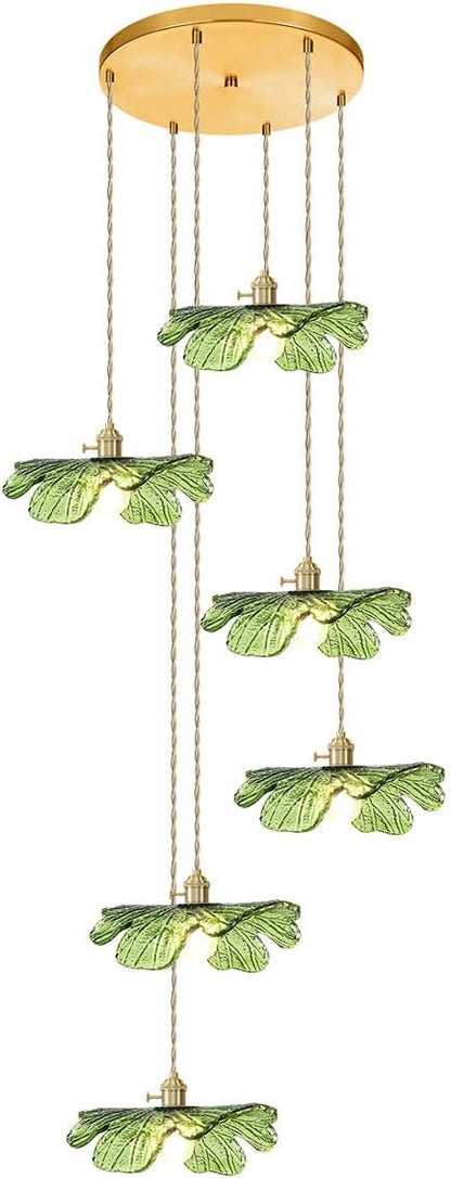 Long High Ceiling Chandelier with Green Blown Flower Glass Shade Vintage Flush Mount Ceiling Hanging light Gold brass pendant light 5 light Ceiling Chandeliers for Staircase Foyer Entryway Living