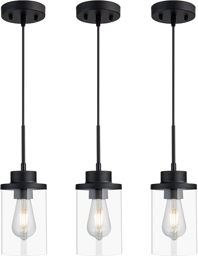 Modern Black Farmhouse Clear Glass Cylinder Pendant Light Fixture, Adjustable Height Hanging Pendant Lighting for Kitchen Island, Dining Room, Bedroom & Hallway (3 Packs)