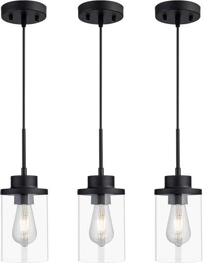 Modern Black Farmhouse Clear Glass Cylinder Pendant Light Fixture, Adjustable Height Hanging Pendant Lighting for Kitchen Island, Dining Room, Bedroom & Hallway (3 Packs)
