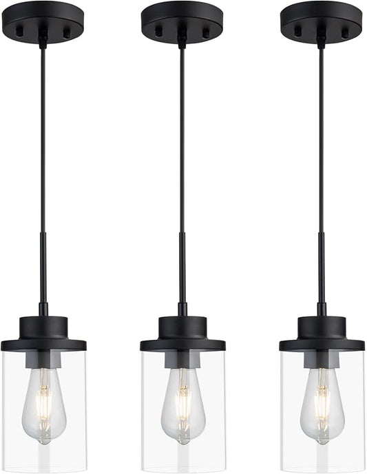 Modern Black Farmhouse Clear Glass Cylinder Pendant Light Fixture, Adjustable Height Hanging Pendant Lighting for Kitchen Island, Dining Room, Bedroom & Hallway (3 Packs)