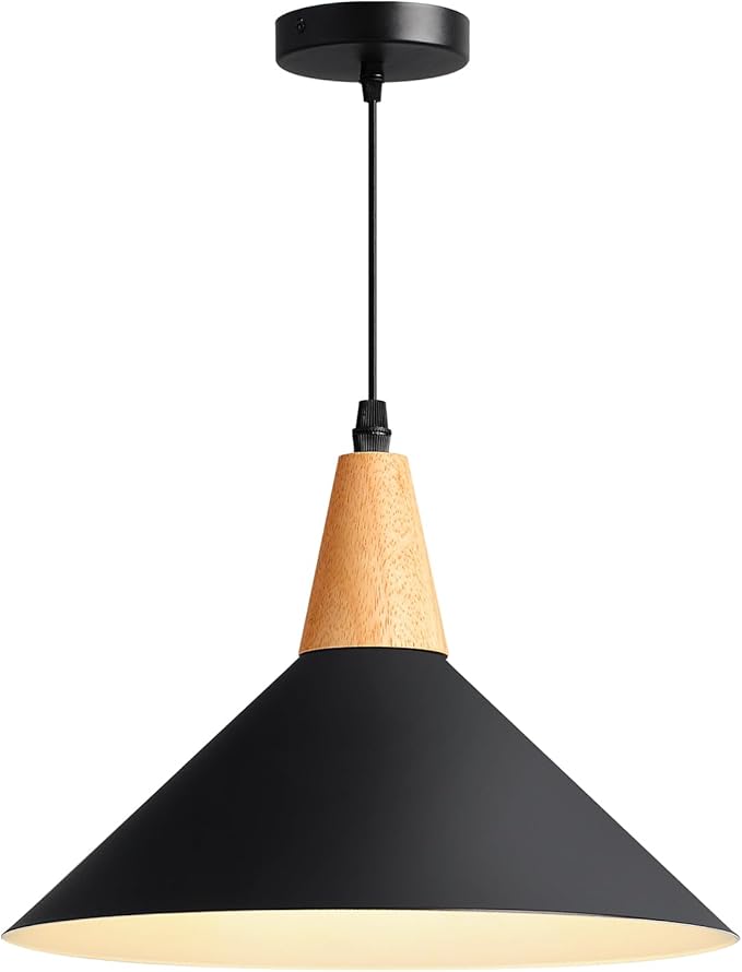 Modern Black Pendant Light Fixtures, 11.8" Farmhouse Wood Pendant Lighting, Industrial Cone Hanging Lights for Kitchen Island,Dining Room,Hallway,Barn,Entryway,Restaurant