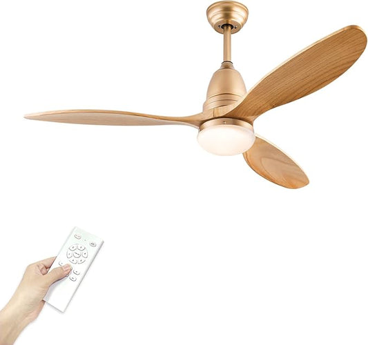 52 inch Champagne Gold Luxury Style Ceiling Fan with Light Solid Wood Blade Noiseless Reversible Motor Dimmable Light Memory Living Room and Bedroom Ceiling Fan (Golden04) (Gold)