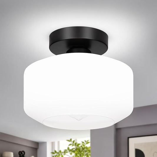 Lynnoland Industrial Semi Flush Mount Ceiling Light, Milky White Glass Shade Ceiling Light Fixture, Black Light Fixture for Hallway Bathroom Bedroom, Vintage Hanging Light Fixtures