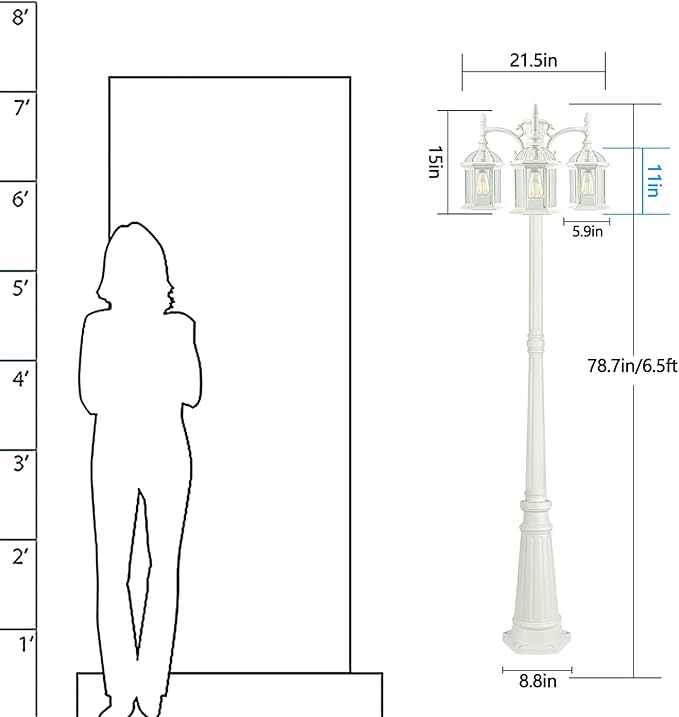 3-Head Outdoor Lamp Post Light Birdcage, Waterproof Outside White Street Light Pole with Clear Glass Shade for Yard, Garden, Patio, Path, Driveway