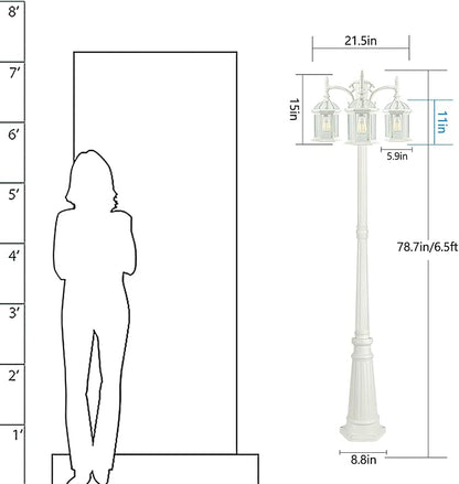3-Head Outdoor Lamp Post Light Birdcage, Waterproof Outside White Street Light Pole with Clear Glass Shade for Yard, Garden, Patio, Path, Driveway