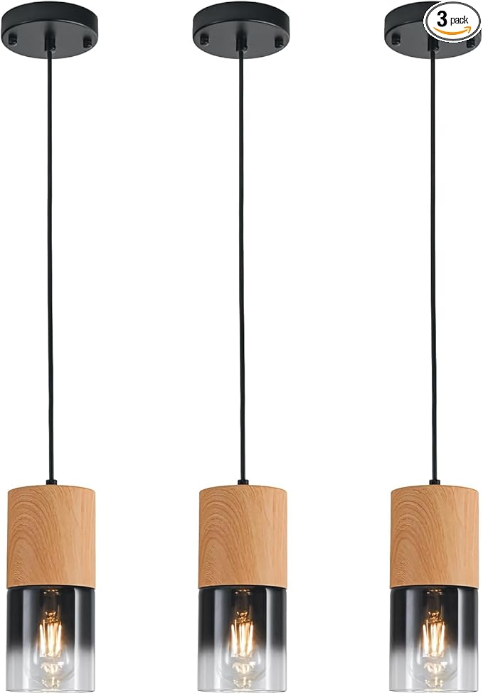 3-Pack Modern Pendant Lights for Kitchen Island, Adjustable Black Pendant Light Fixtures with Raw Wood Grain, Industrial Glass Pendant Lights for Dining Table Hallway Bedroom Living Room