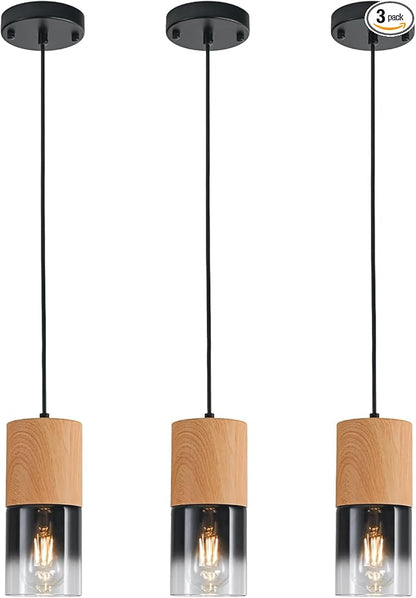 3-Pack Modern Pendant Lights for Kitchen Island, Adjustable Black Pendant Light Fixtures with Raw Wood Grain, Industrial Glass Pendant Lights for Dining Table Hallway Bedroom Living Room
