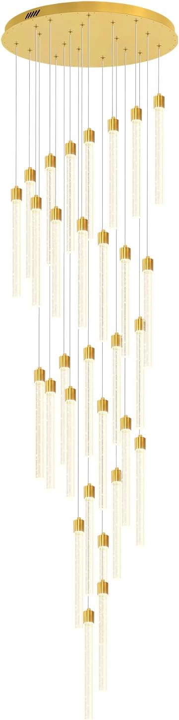 177'' Long Crystal Column Chandelier Gold 30-Lights Extra Large High Ceiling Chandelier Dimmable Pendant Lighting Staircase Foyer Entryway Light Source is Replaceable