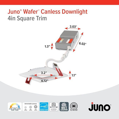 Juno LED Recessed Lights 4 Inch Square Wafer Downlight, 5-in-1 Switchable White Color Temperature, Adjustable Brightness, 120 Volts, 4-Inch Trim, 1 Pack, Matte White