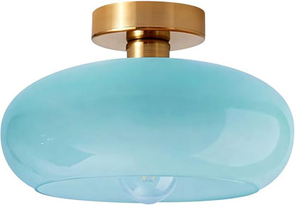 Blue Close to Ceiling Light Fixture Vintage Flush Mount Ceiling Lights 11" Round Thickened Glass Shade Gold Mid Century Semi Flush Mount Light Hallway Entrance Lighting Fixtures