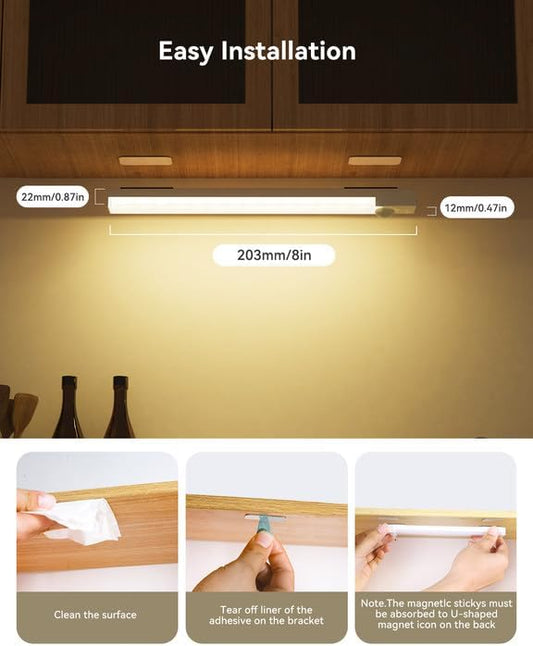Under Cabinet Lights 8 Inch 3-Pack, Rechargeable Battery Operated Motion Sensor Light Indoor, Dimmable Closet Lights, Wireless Under Counter Lights for Kitchen, Stairs