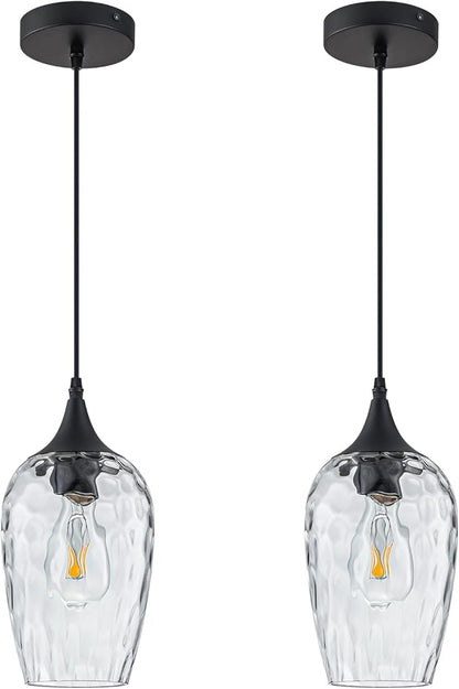 Glass Pendant Lights Kitchen Island 2 Pack, Black Pendant Light Fixtures with Hand-Blown Clear Glass Modem Farmhouse Hanging Light for Kitchen Sink Dining Room Bedroom