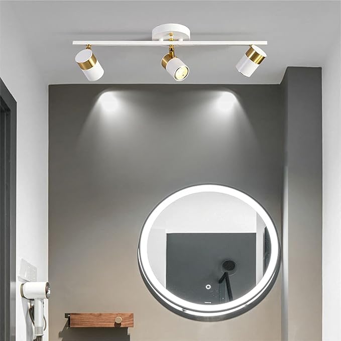 White 3 Lights Track Lighting Fixtures, LED Track Lighting with Rotatable Light Head & GU10 Bulbs, Ceiling Spotlight Fixtures for Farmhouse Garage Basement Shower