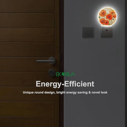 EKOBLA Poppy Flower Plug-in Night Light, Vintage Red Orange Floral LED Nightlight with Sensor for Hallway