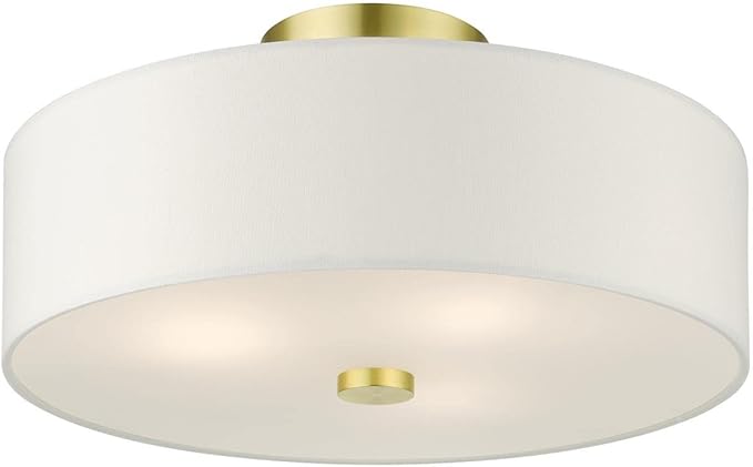 Livex Lighting 51054-12 Meridian Collection 3-Light Semi Flush Mount Ceiling Light with Off-White Hardback Fabric Shade, Satin Brass